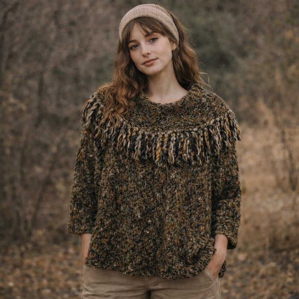 Lark Lane Womens Chunky Cowl Neck Sweater Size L Fringe‎ Granola Earthy Boho NWT